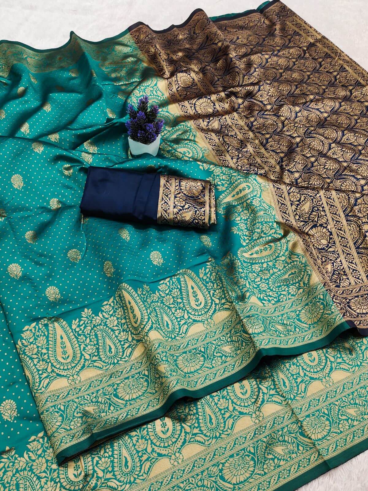 Charming Rama Soft Silk Saree With Blissful Blouse Piece