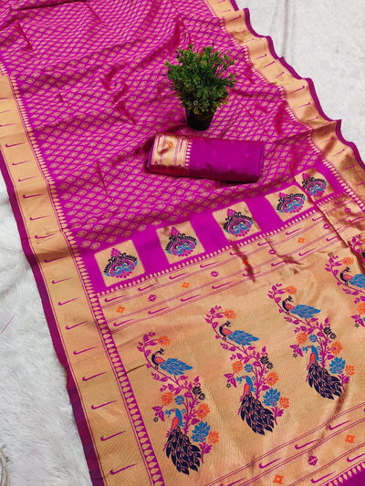 Murmurous Dark Pink Paithani Silk Saree With Cynosure Blouse Piece