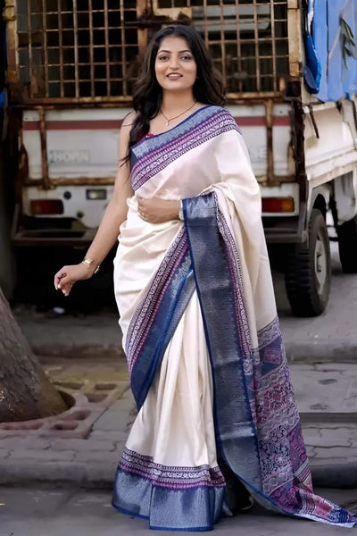 Capricious Beige Digital Printed Dola Silk Saree With Prettiest Blouse Piece