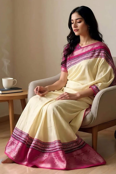 Majesty Beige Digital Printed Dola Silk Saree With Stylish Blouse Piece
