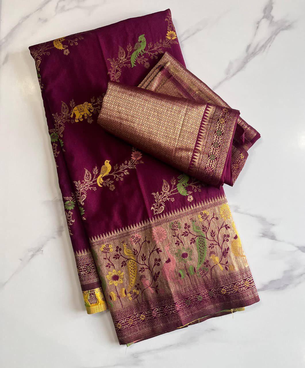 Propinquity Purple Soft Banarasi Silk Saree With Eloquence Blouse Piece