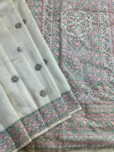 Prodigal Beige Embroidery Work Tussar Silk Saree With Blooming Blouse Piece