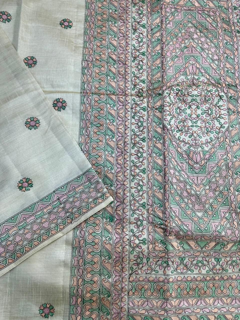 Prodigal Beige Embroidery Work Tussar Silk Saree With Blooming Blouse Piece
