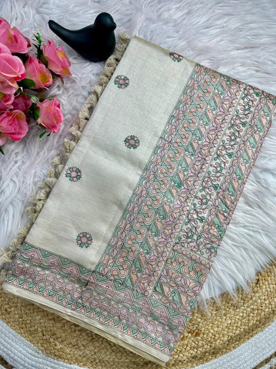 Prodigal Beige Embroidery Work Tussar Silk Saree With Blooming Blouse Piece