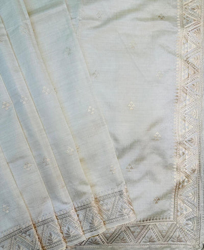 Delightful Off White Embroidery Work Tussar Silk Saree With Inimitable Blouse Piece