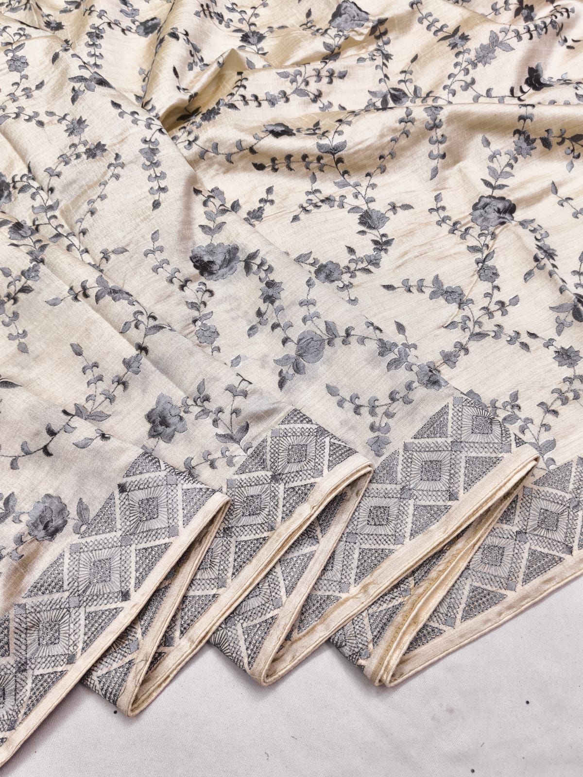 Ebullience Beige Embroidery Work Tussar Silk Saree With Artistic Blouse Piece