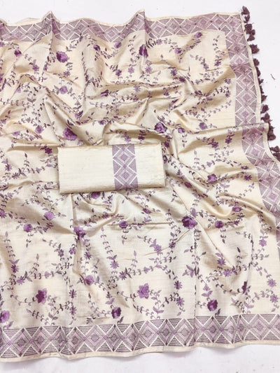 Profuse Beige Embroidery Work Tussar Silk Saree With Conflate Blouse Piece