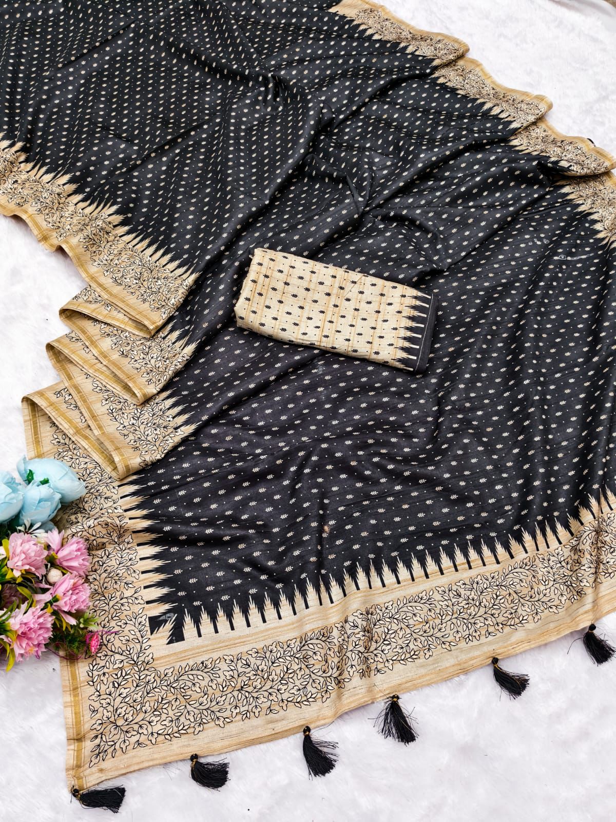 Classy Black Embroidery Work Tussar Silk Saree With Brood Blouse Piece