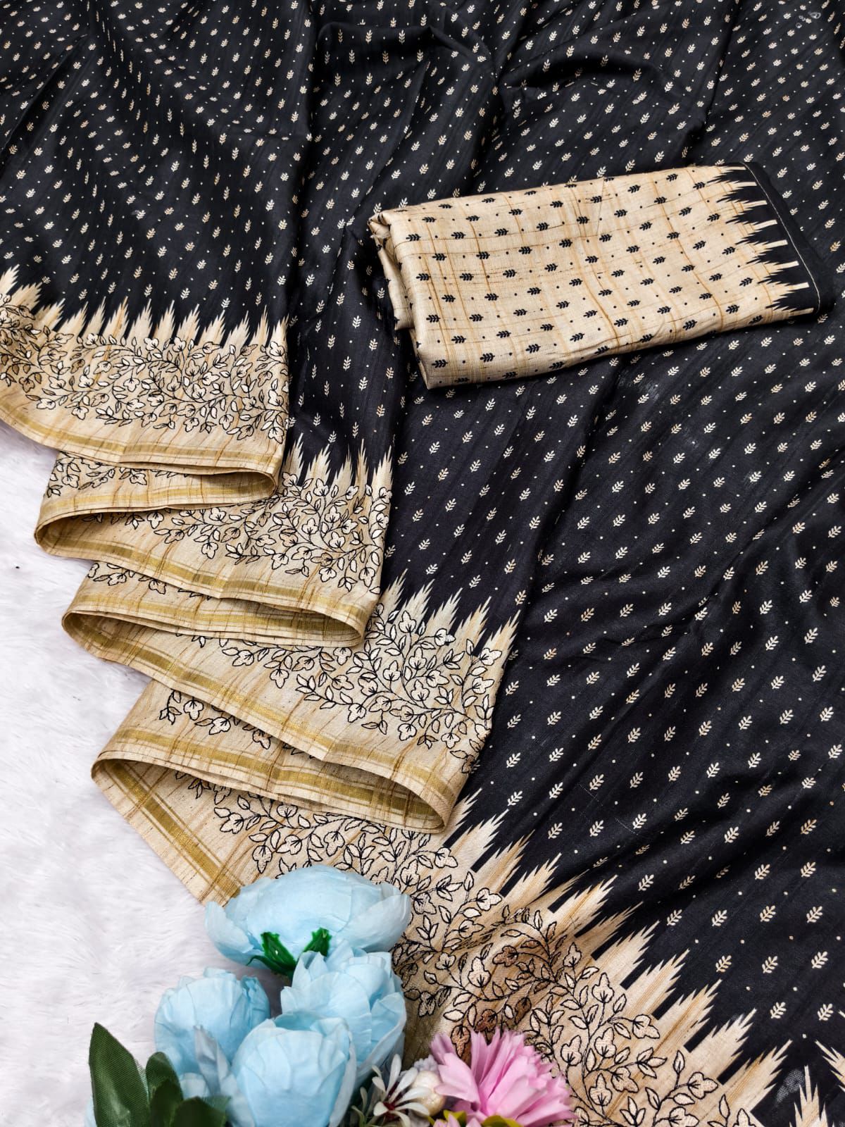 Classy Black Embroidery Work Tussar Silk Saree With Brood Blouse Piece