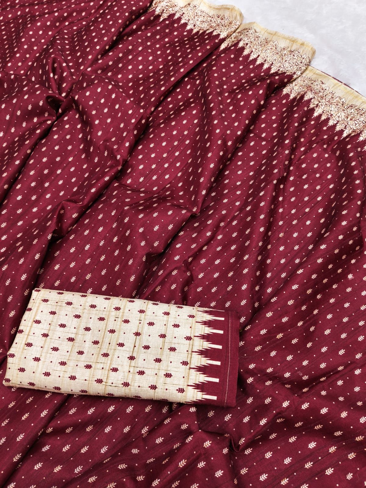 Amiable Maroon Embroidery Work Tussar Silk Saree With Engaging Blouse Piece