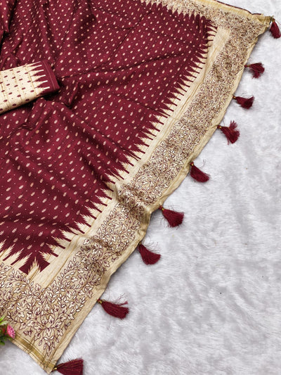 Amiable Maroon Embroidery Work Tussar Silk Saree With Engaging Blouse Piece
