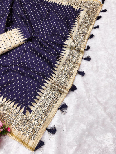 Fugacious Navy Blue Embroidery Work Tussar Silk Saree With Woebegone Blouse Piece