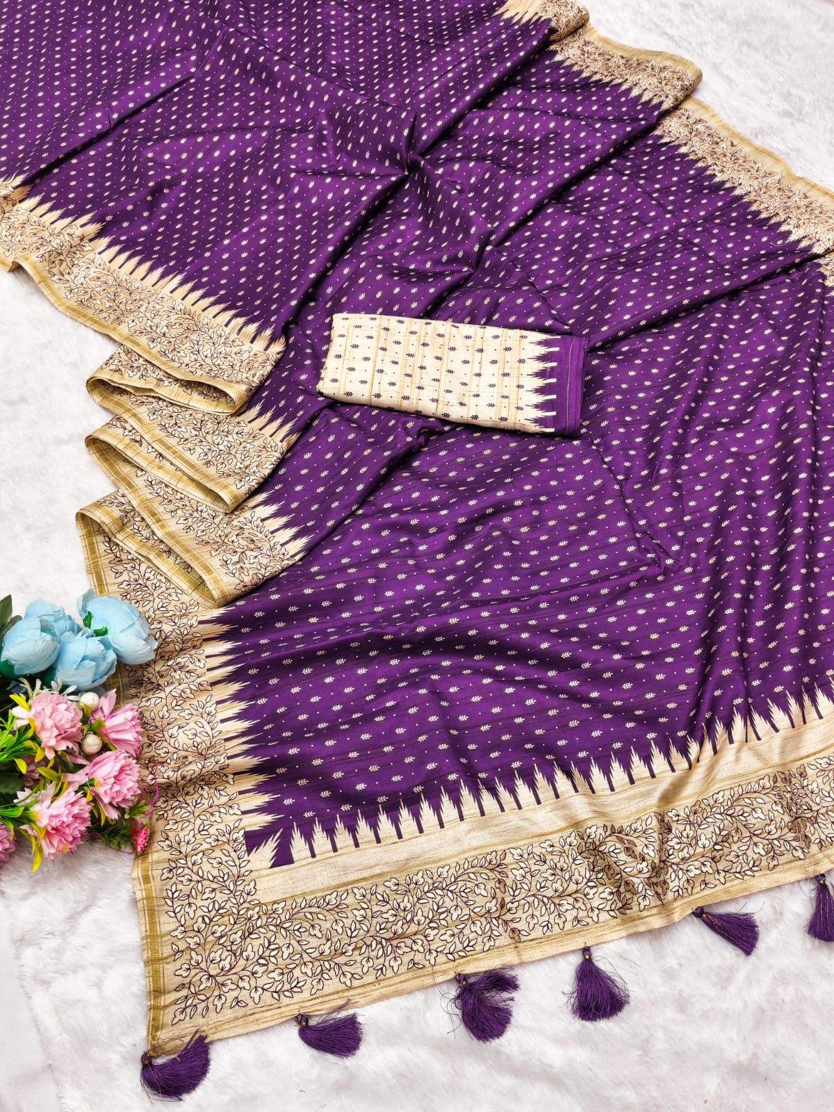 Twirling Purple Embroidery Work Tussar Silk Saree With Felicitous Blouse Piece