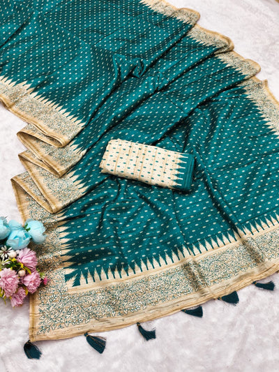 Sizzling Rama Embroidery Work Tussar Silk Saree With Prettiest Blouse Piece