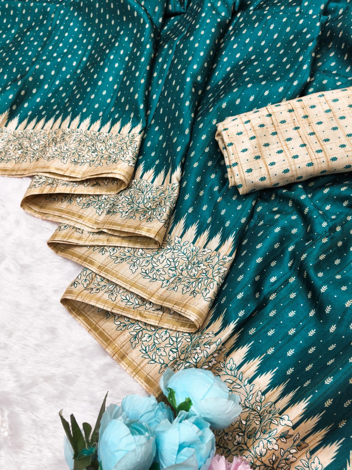 Sizzling Rama Embroidery Work Tussar Silk Saree With Prettiest Blouse Piece