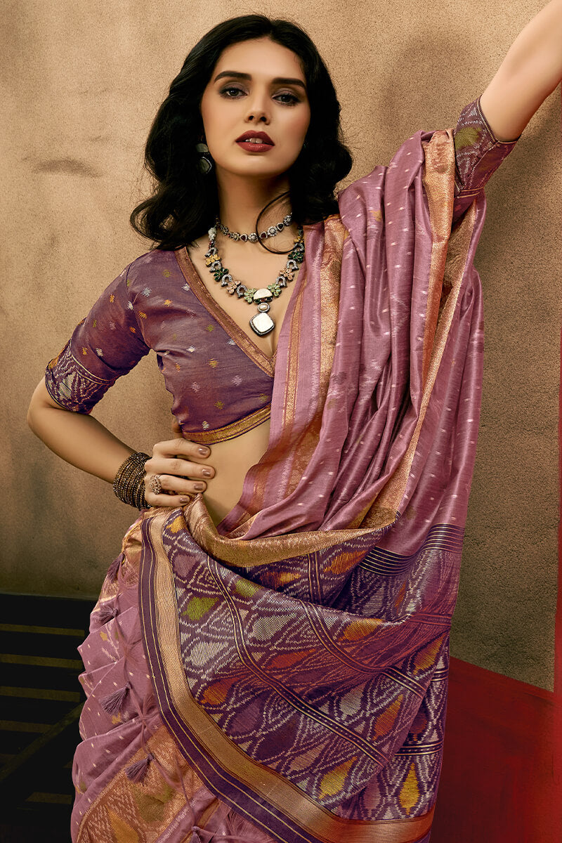 Elision Lavender Soft Banarasi Silk Saree With Lovely Blouse Piece