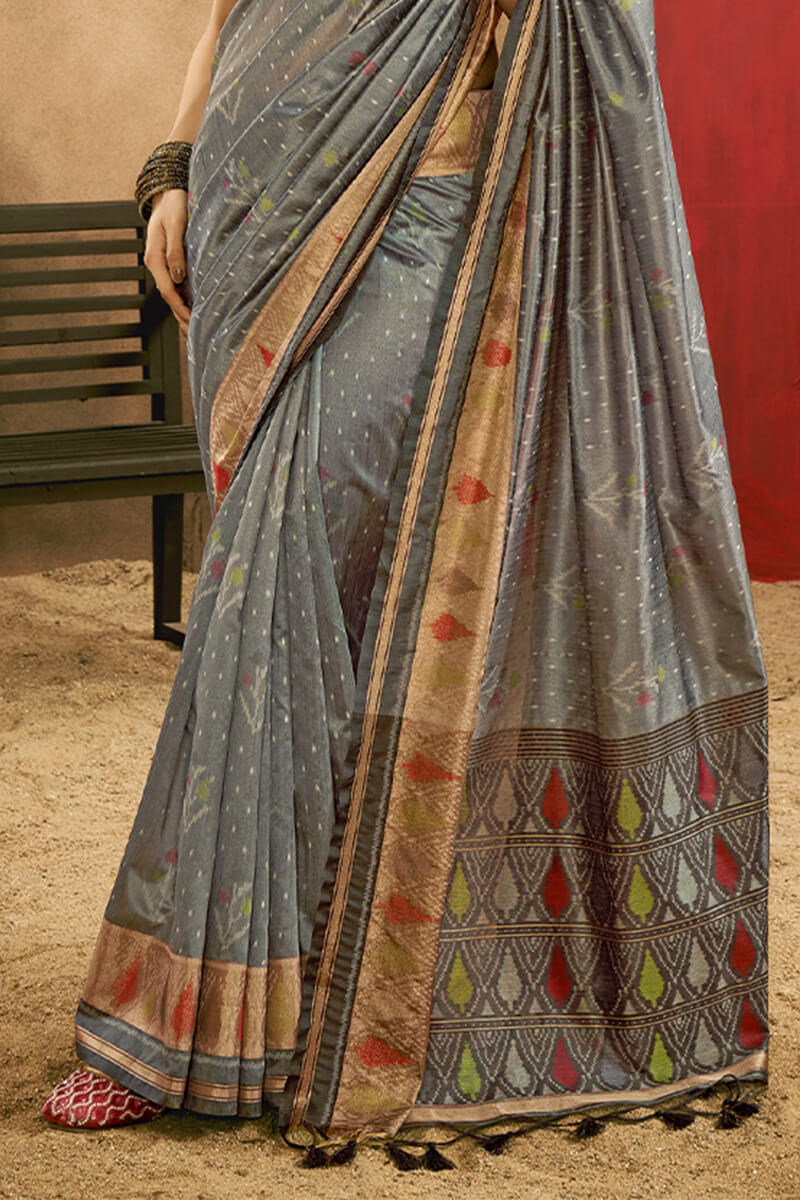 Flameboyant Grey Soft Banarasi Silk Saree With Diaphanous Blouse Piece