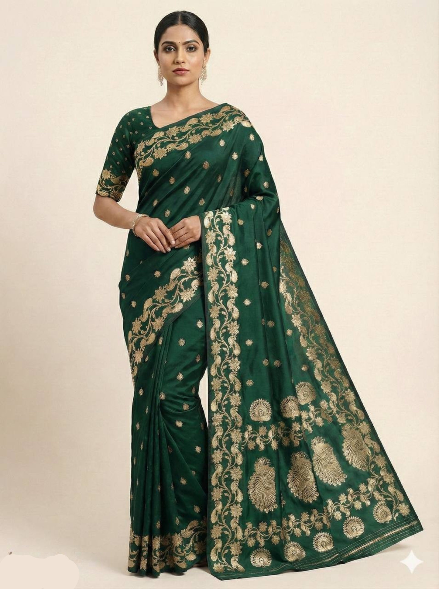 Emerald Green Silk Saree with Regal Gold Zari Floral & Peacock Border