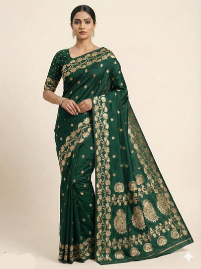 Emerald Green Silk Saree with Regal Gold Zari Floral & Peacock Border