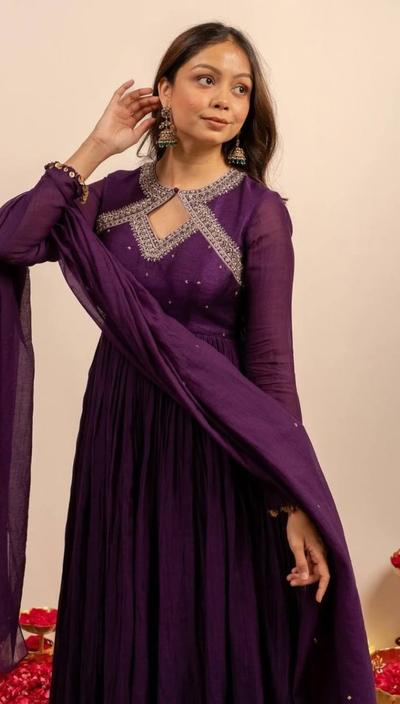 Regal Plum Embroidered Anarkali Suit Set with Flowing Dupatta