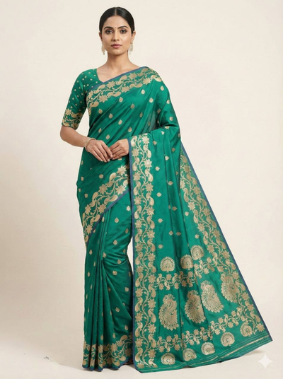 Teal Green Silk Saree with Luxurious Gold Zari Floral & Peacock Border