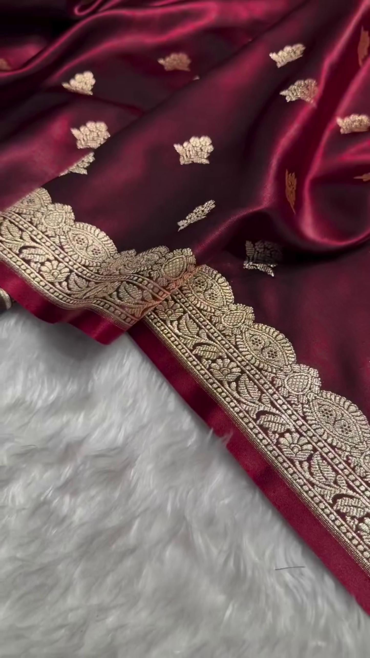 Wine Maroon Banarasi Silk Saree with Gold Zari Buti Motifs & Classic Woven Border