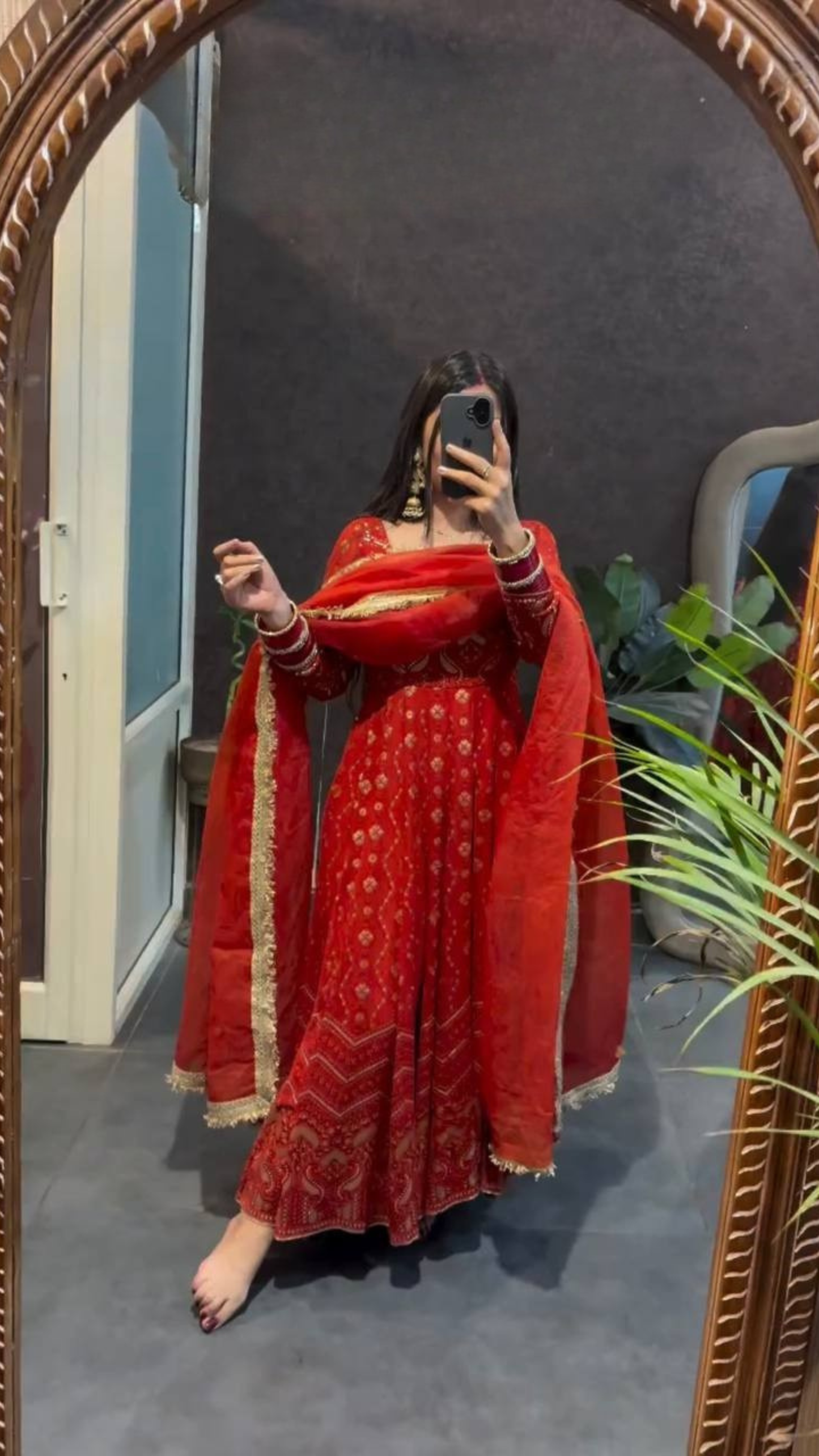 Red Bandhani Print Kurta Set with Dupatta & Straight Pants