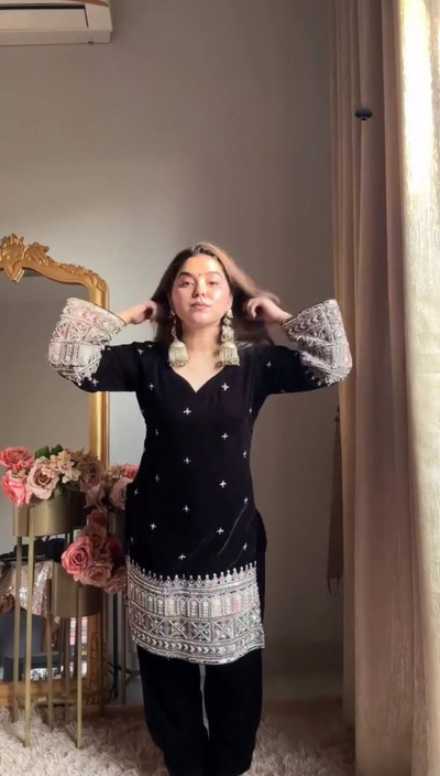 Royal Black Velvet Kurta Set with Heavy Ethnic Border & Sheer Dupatta