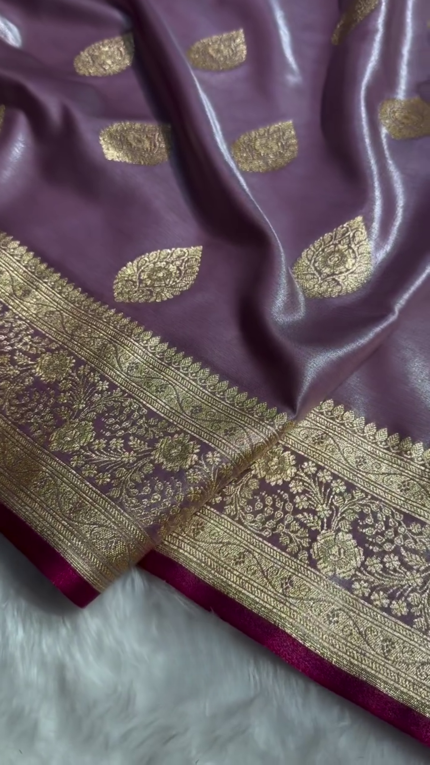 Lavender Purple Banarasi Silk Saree with Gold Zari Paisley Motifs & Elegant Woven Border