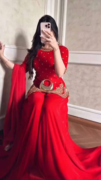 Red Embroidered Kurta Set with Fringe Border Dupatta & Palazzo