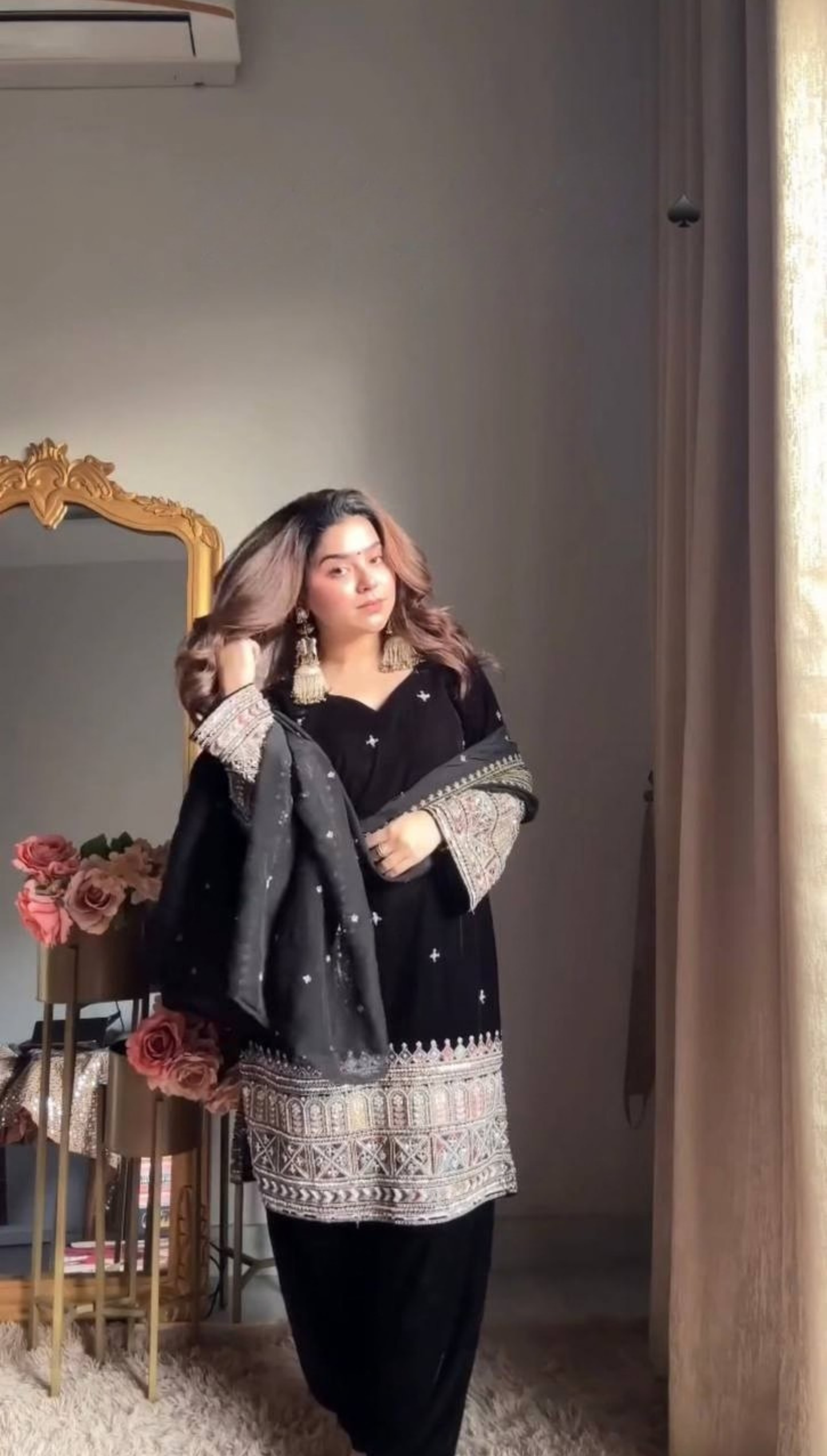 Royal Black Velvet Kurta Set with Heavy Ethnic Border & Sheer Dupatta