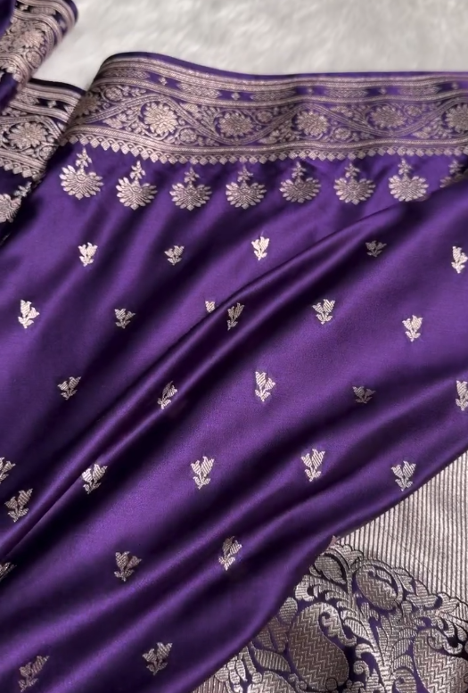 Royal Purple Satin Silk Saree with Elegant Silver Zari Weaving