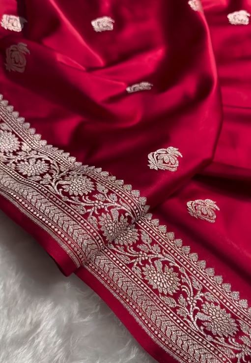 Ruby Red Banarasi Silk Saree with Silver Zari Buttas & Regal Woven Border