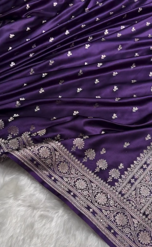Royal Purple Satin Silk Saree with Elegant Silver Zari Weaving