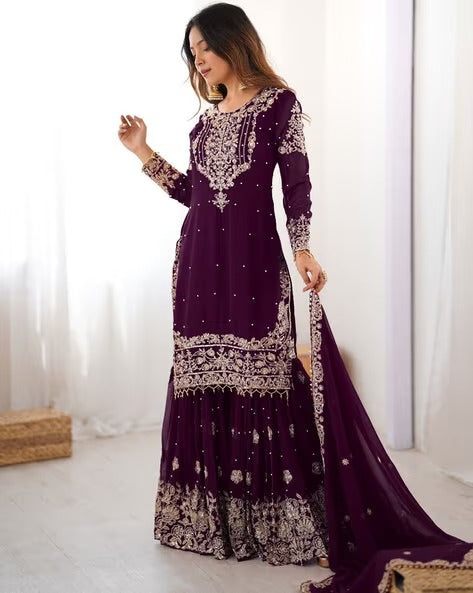 Designer Heavy Embroidered Kurta Sharara Suit Set with Dupatta | 10 Color Options