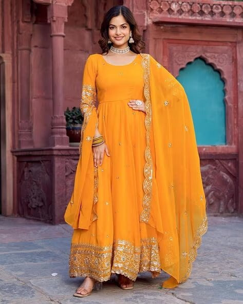 Elegant Georgette Anarkali Suit Set with Heavy Gota Lace Border & Dupatta – 4 Colors