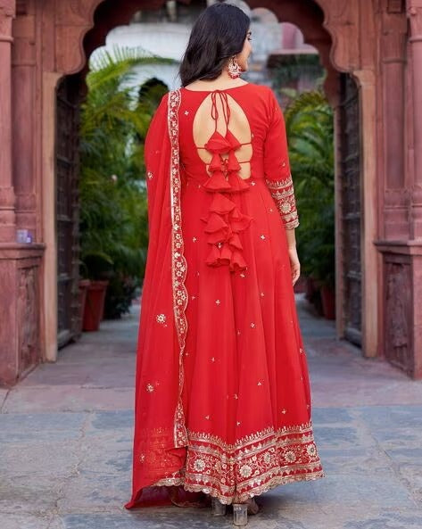 Elegant Georgette Anarkali Suit Set with Heavy Gota Lace Border & Dupatta – 4 Colors