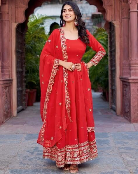 Elegant Georgette Anarkali Suit Set with Heavy Gota Lace Border & Dupatta – 4 Colors