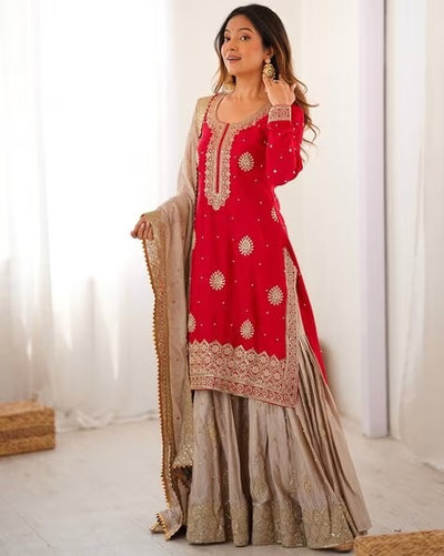Elegant Embroidered Kurta Sharara Set with Dupatta – Festive Wear (4 Colors)
