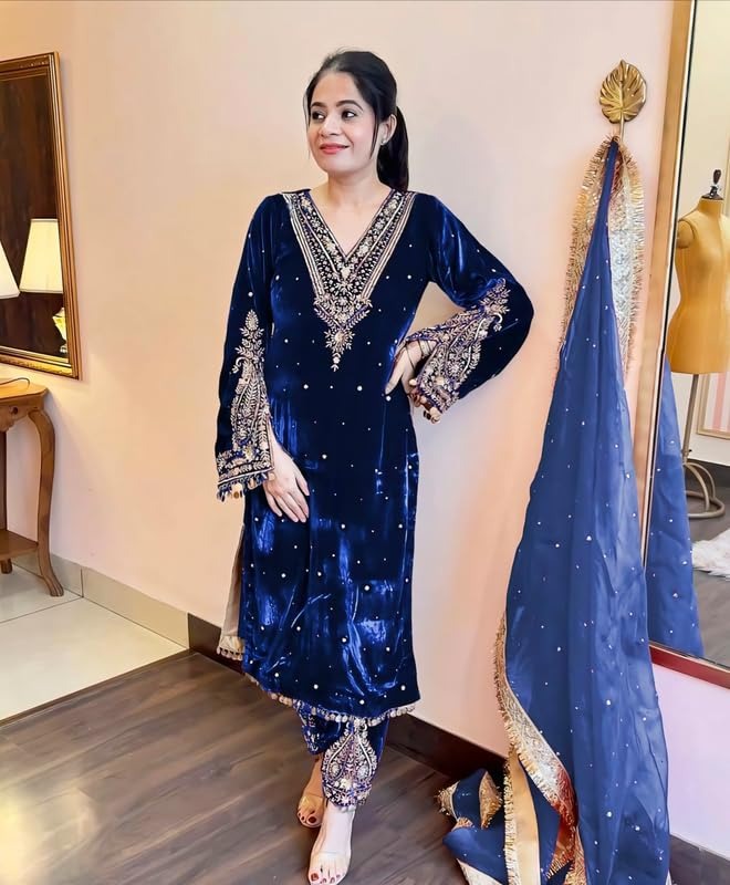 Premium Velvet Embroidered Kurta Pant Set with Dupatta | 3 Color Options
