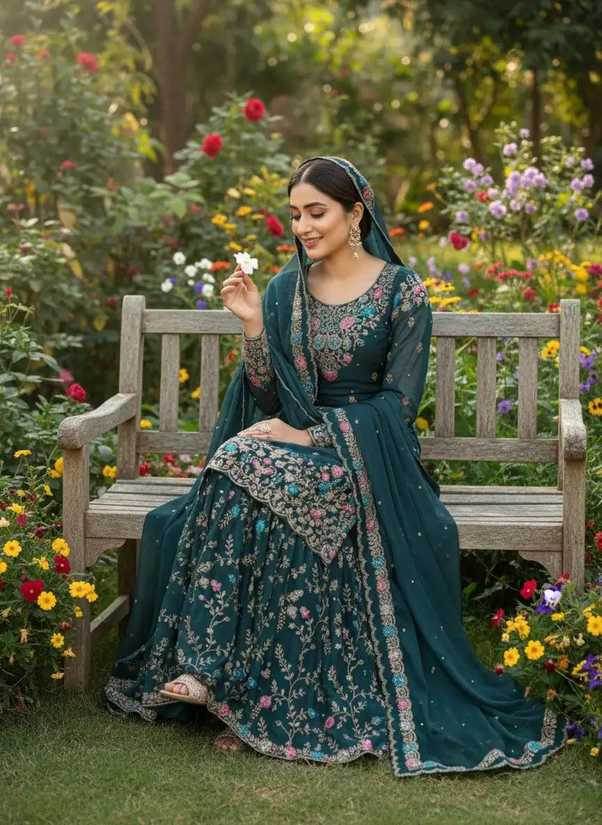 Heavy Embroidered Kurta Sharara Set with Dupatta | 5 Color Options