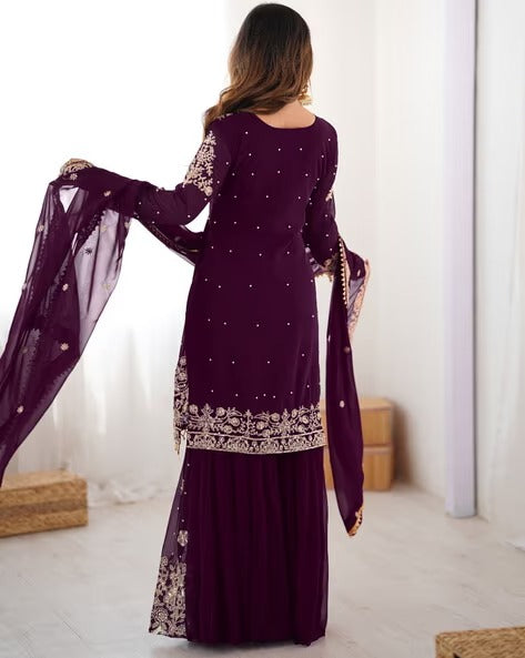 Designer Heavy Embroidered Kurta Sharara Suit Set with Dupatta | 10 Color Options