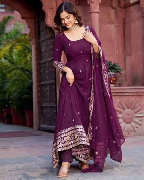 Elegant Georgette Anarkali Suit Set with Heavy Gota Lace Border & Dupatta – 4 Colors
