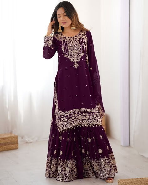 Designer Heavy Embroidered Kurta Sharara Suit Set with Dupatta | 10 Color Options