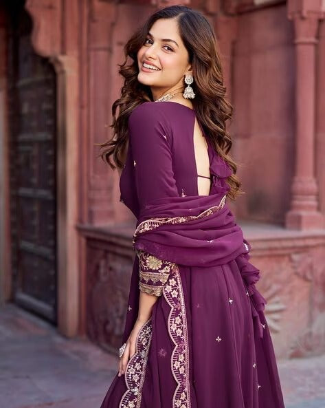 Elegant Georgette Anarkali Suit Set with Heavy Gota Lace Border & Dupatta – 4 Colors