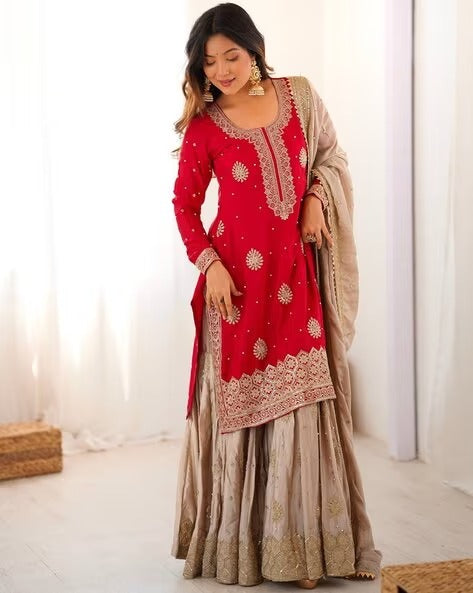 Elegant Embroidered Kurta Sharara Set with Dupatta – Festive Wear (4 Colors)