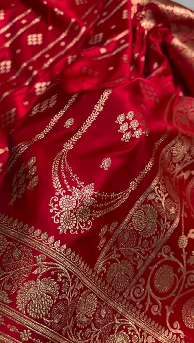 Elegant Red Banarasi Silk Saree with Intricate Golden Zari Weaving