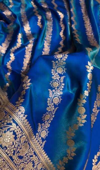 Royal Blue Banarasi Silk Saree with Elegant Golden Zari Floral Weaving