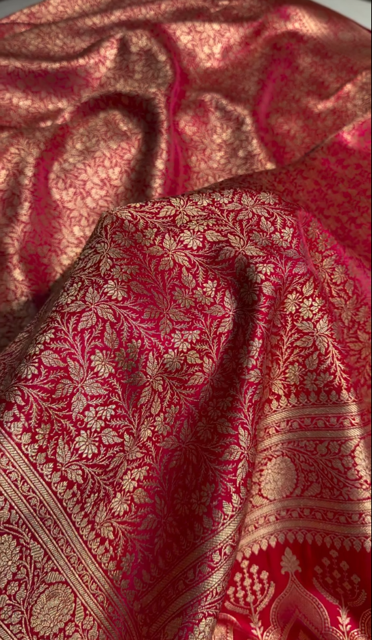 Rich Red Banarasi Brocade Silk Saree with All-Over Golden Zari Floral Weaving