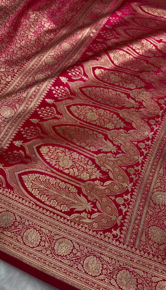 Rich Red Banarasi Brocade Silk Saree with All-Over Golden Zari Floral Weaving